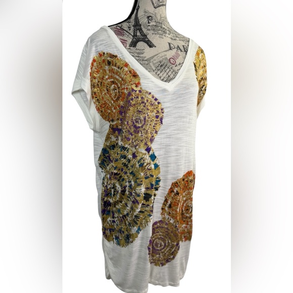 Cupio Cream Abstract Medallion V-Neck Slub Knit Top Size Large - Picture 2 of 11